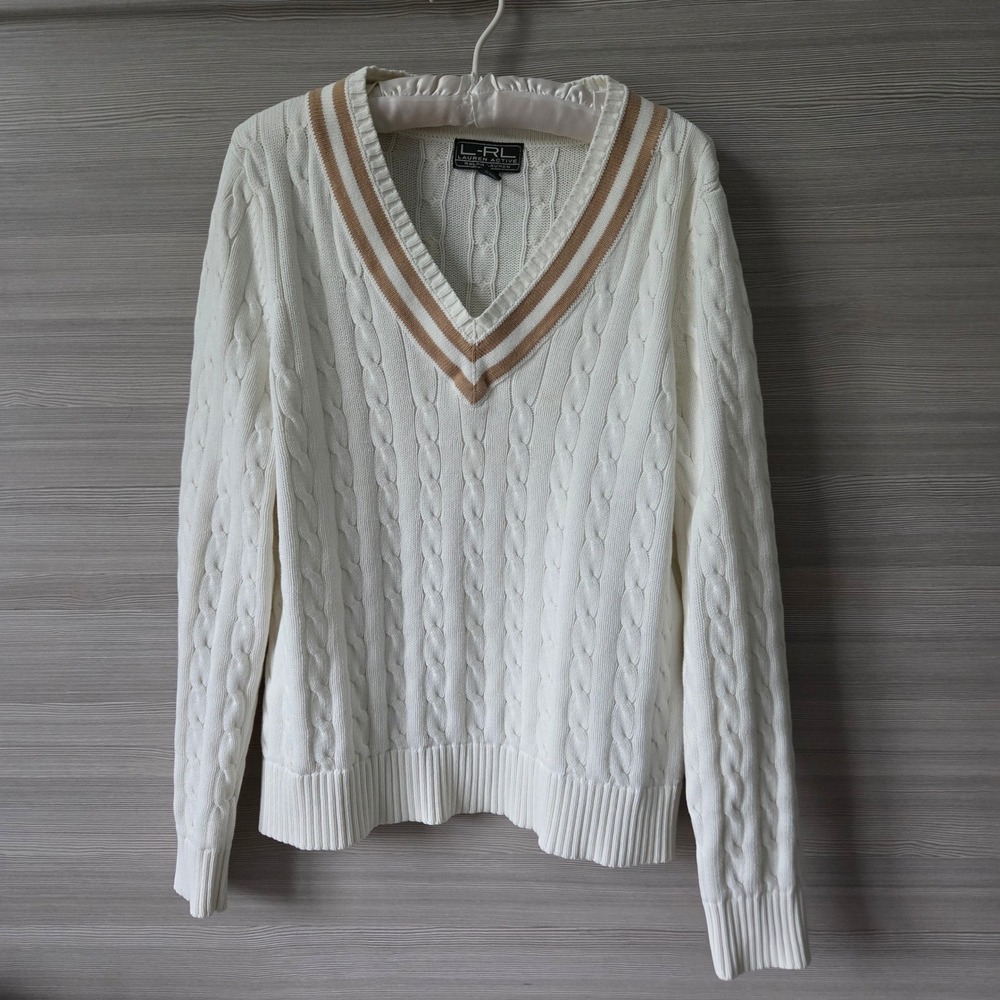 Lauren Active Ralph Lauren Cable Knit V-Neck Sweater XL Cream Tan Cotton Preppy